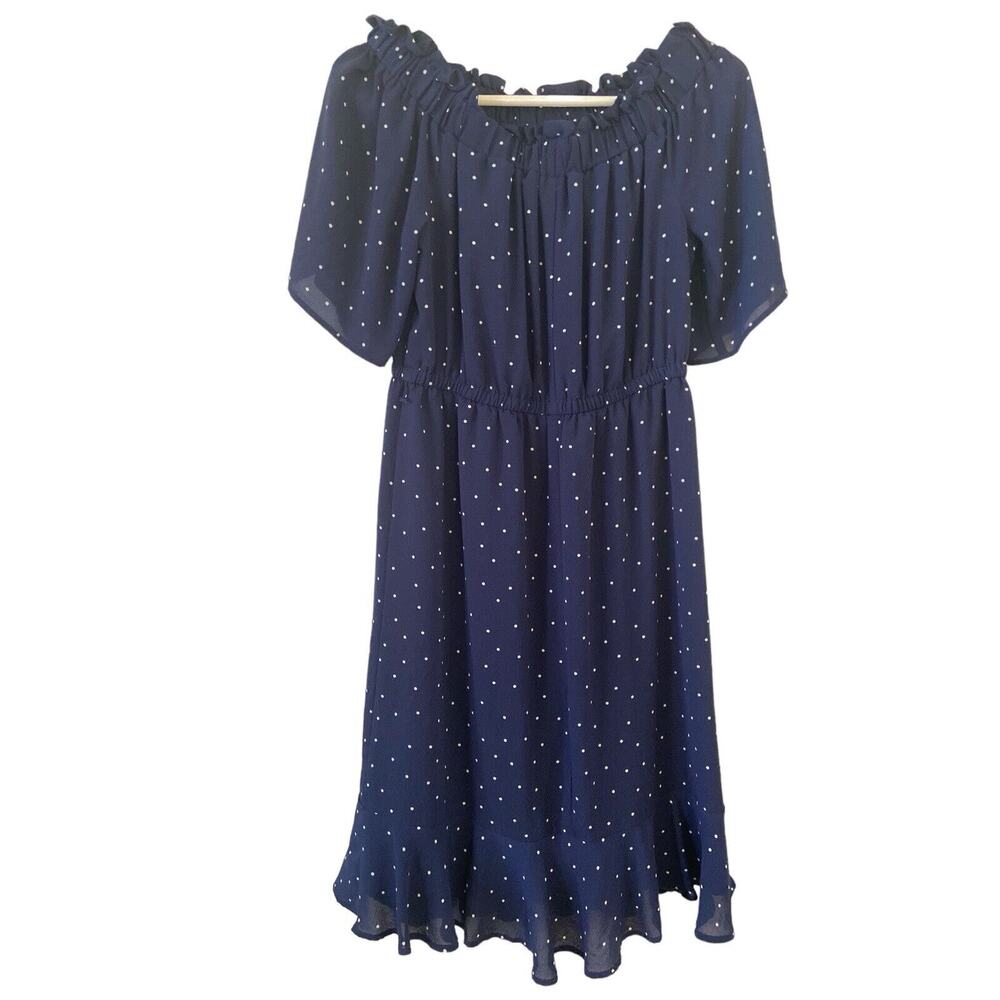 Elle Women’s Navy Dress with White Polka Dots & Flounce Sleeves Size‎ M Ruffles